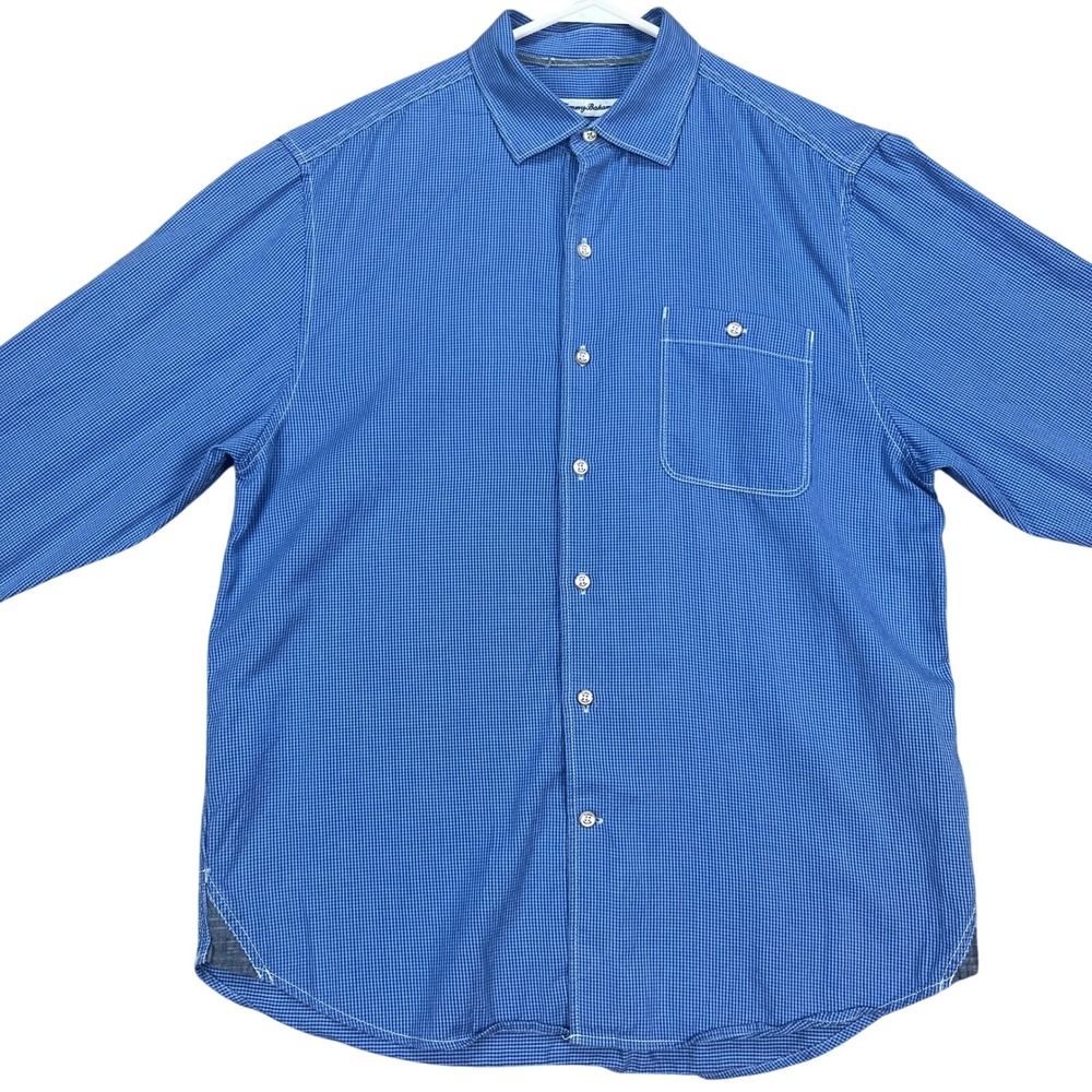 Tommy Bahama Mens M Blue Houndstooth Check Long Sleeve Button Up Shirt Flip Cuff
